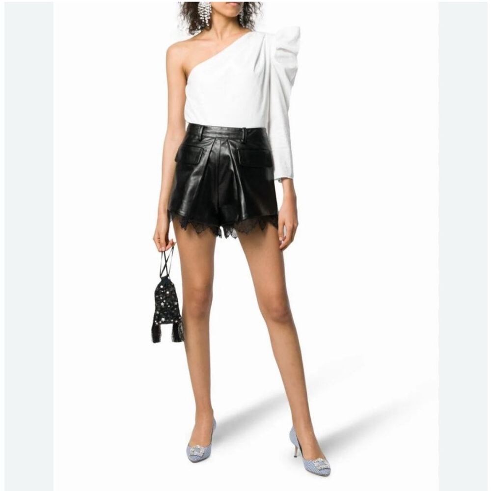 Self-Portrait Women's Black Lace Trim Faux Leather Shorts Size S/4